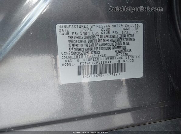 3N1CP5CV2NL477863 2022 NISSAN KICKS Gray Vista del compartimento del motor