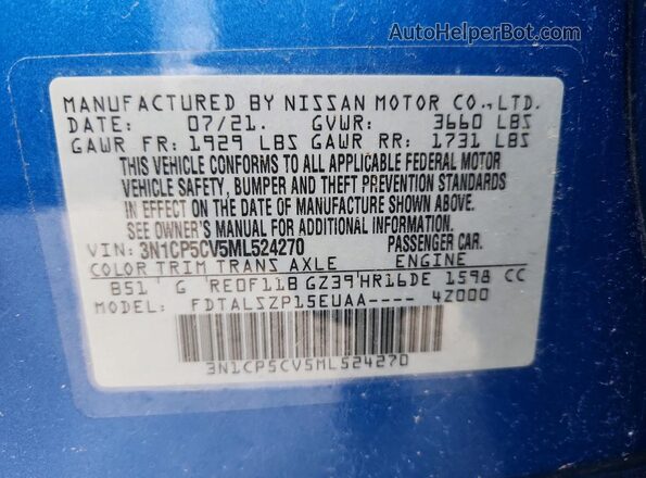 3N1CP5CV5ML524270 2021 NISSAN KICKS Blue Вид наклейки з VIN-кодом
