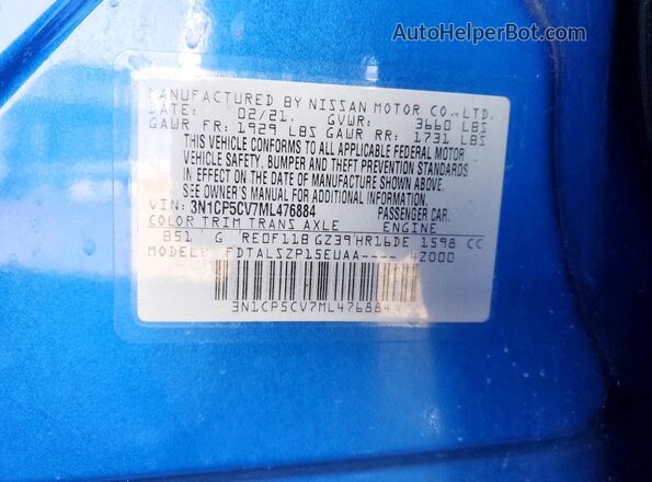 3N1CP5CV7ML476884 2021 NISSAN KICKS Blue Вид підкапотного простору