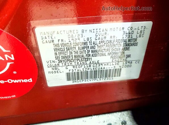 3N1CP5CV7PL572311 2023 NISSAN KICKS Red Vista de la etiqueta del VIN