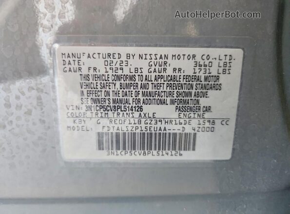 3N1CP5CV8PL514126 2023 NISSAN KICKS Gray VIN sticker view
