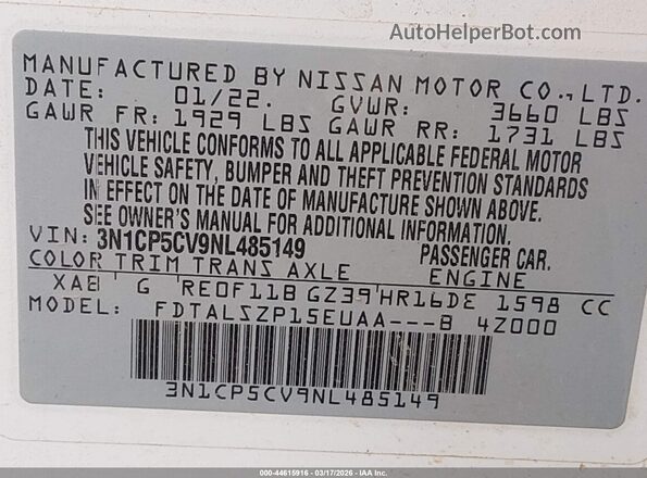 3N1CP5CV9NL485149 2022 NISSAN KICKS White Vista del compartimento del motor