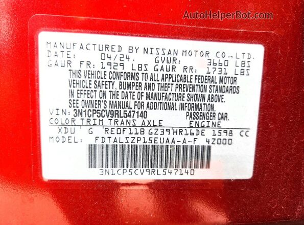 3N1CP5CV9RL547140 2024 NISSAN KICKS Red VIN sticker view