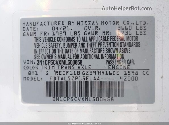 3N1CP5CVXML500658 2021 NISSAN KICKS White Vista del compartimento del motor