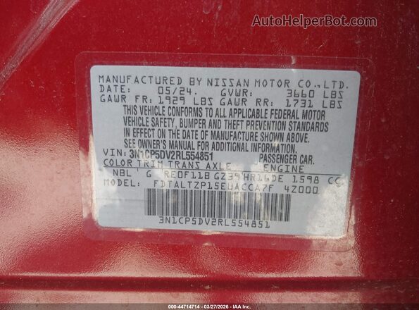 3N1CP5DV2RL554851 2024 NISSAN KICKS Red ძრავის განყოფილების ხედი