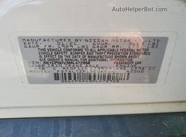 3N1CP5DV3ML472958 2021 NISSAN KICKS White Вид підкапотного простору