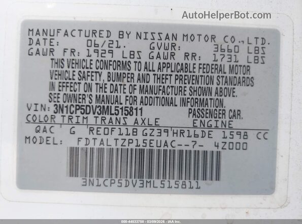 3N1CP5DV3ML515811 2021 NISSAN KICKS White Вид підкапотного простору