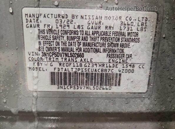 3N1CP5DV7NL502660 2022 NISSAN KICKS Gray Vista de la etiqueta del VIN