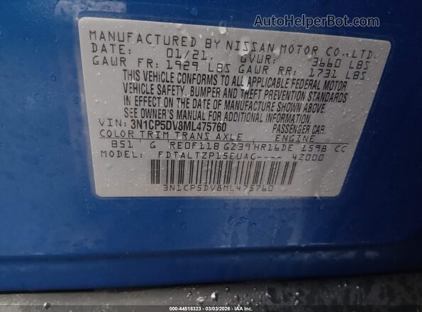3N1CP5DV8ML475760 2021 NISSAN KICKS Blue Vista del compartimento del motor