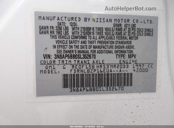 3N8AP6BB0SL352670 2025 NISSAN KICKS Белый 