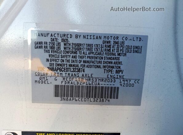 3N8AP6CE0TL323874 2026 NISSAN KICKS White Вид наклейки з VIN-кодом
