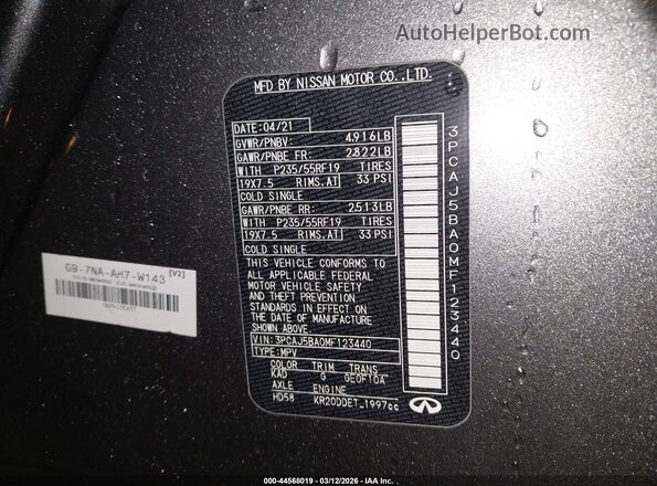 3PCAJ5BA0MF123440 2021 INFINITI QX50 Gray Engine compartment view
