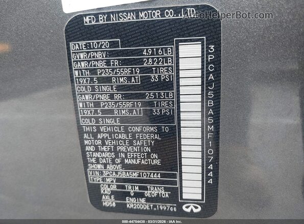 3PCAJ5BA5MF107444 2021 INFINITI QX50 Gray Вид підкапотного простору