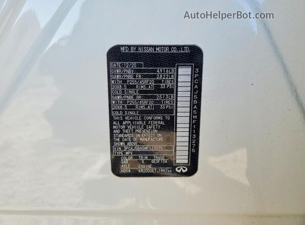 3PCAJ5BA5MF113275 2021 INFINITI QX50 White VIN sticker view