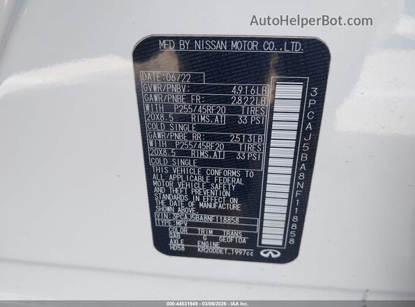 3PCAJ5BA8NF118858 2022 INFINITI QX50 White Engine compartment view
