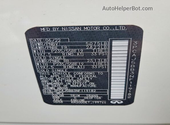 3PCAJ5BB3NF119182 2022 INFINITI QX50 White Սալոնի 360 աստիճան տեսք