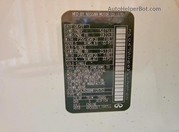 3PCAJ5CB8MF125752 2021 INFINITI QX50 Beige VIN sticker view