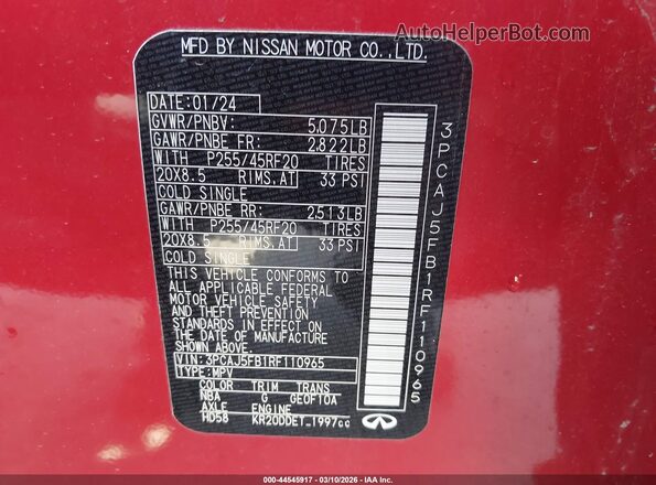 3PCAJ5FB1RF110965 2024 INFINITI QX50 Red Вид підкапотного простору