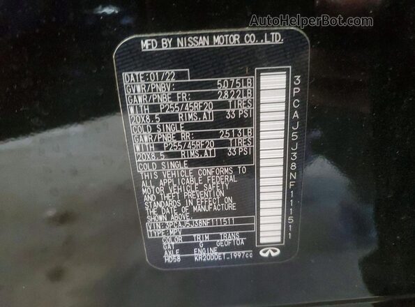 3PCAJ5J38NF111511 2022 INFINITI QX55 Black Vista de la etiqueta del VIN