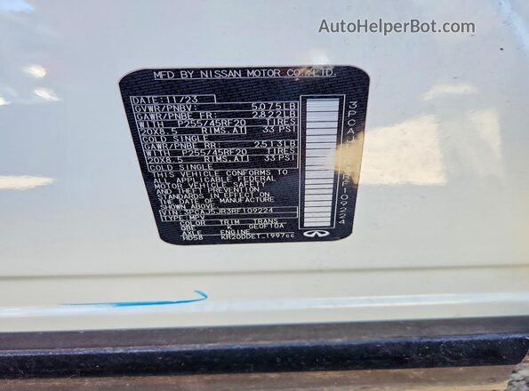 3PCAJ5JR3RF109224 2024 INFINITI QX55 White Widok naklejki z numerem VIN