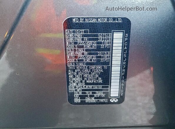 3PCAJ5JR7RF106102 2024 INFINITI QX55 Gray VIN კოდის სტიკერის ხედი