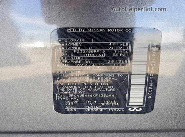 3PCAJ5M16KF135294 2019 INFINITI QX50 Gray Вид наклейки з VIN-кодом