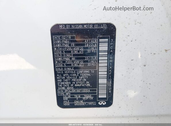 3PCAJ5M1XKF103304 2019 INFINITI QX50 White ძრავის განყოფილების ხედი