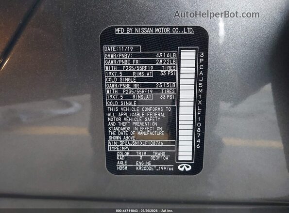 3PCAJ5M1XLF108746 2020 INFINITI QX50 Gray 