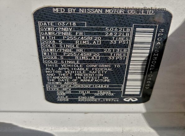 3PCAJ5M30KF104849 2019 INFINITI QX50 White VIN კოდის სტიკერის ხედი