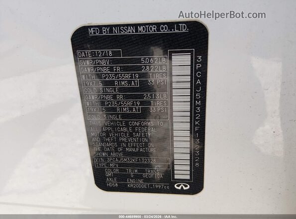 3PCAJ5M32KF132328 2019 INFINITI QX50 White Widok komory silnika