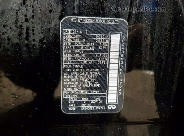 3PCAJ5M35KF107942 2019 INFINITI QX50 Black Vista de la etiqueta del VIN