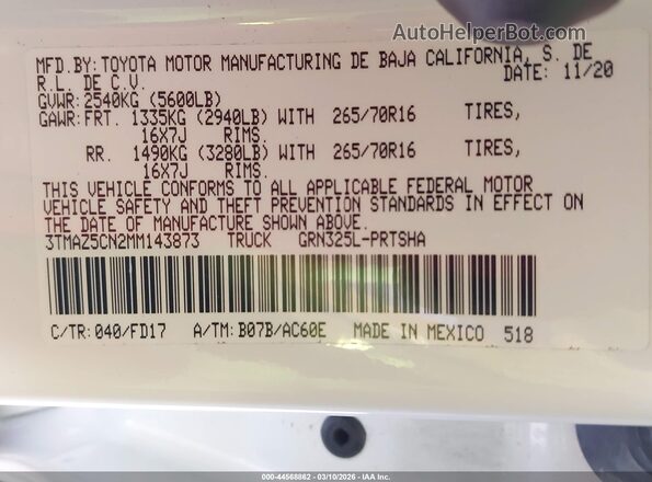 3TMAZ5CN2MM143873 2021 TOYOTA TACOMA White Շարժիչի բաժամունքի տեսք
