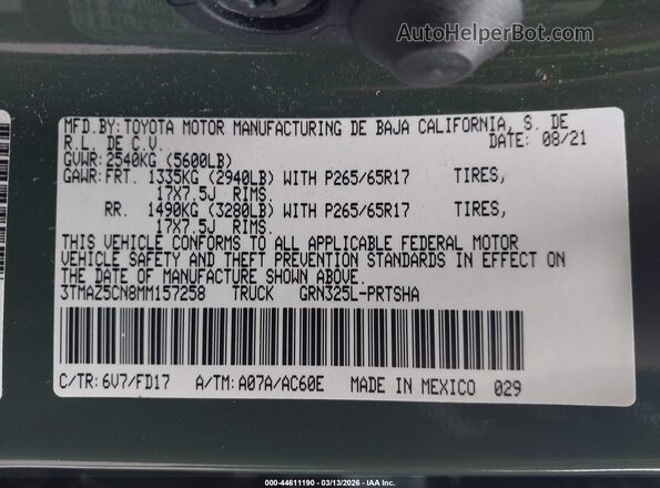 3TMAZ5CN8MM157258 2021 TOYOTA TACOMA Green Engine compartment view