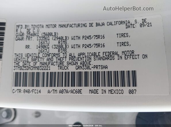 3TMBZ5DN3MM032221 2021 TOYOTA TACOMA White Engine compartment view