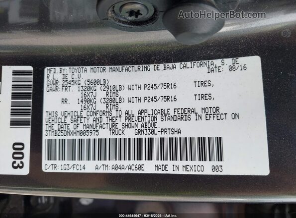 3TMBZ5DNXHM005975 2017 TOYOTA TACOMA Gray Вид підкапотного простору