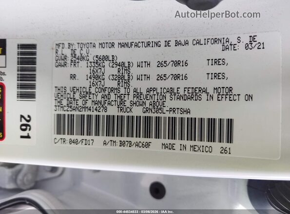 3TMCZ5AN2MM414278 2021 TOYOTA TACOMA White Вид підкапотного простору