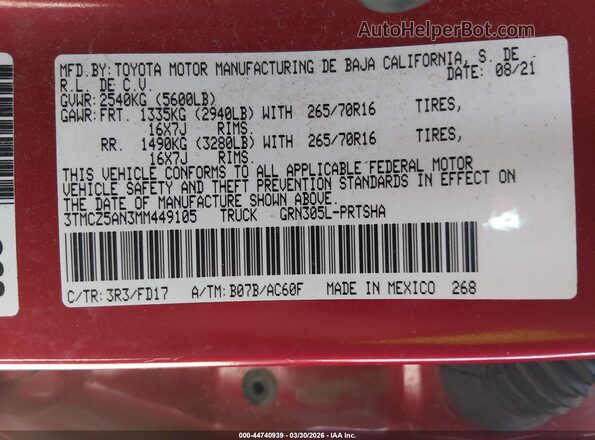 3TMCZ5AN3MM449105 2021 TOYOTA TACOMA Red 