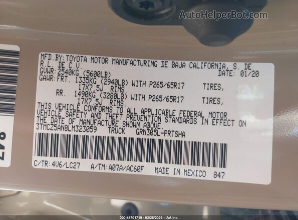 3TMCZ5AN8LM323059 2020 TOYOTA TACOMA Beige ძრავის განყოფილების ხედი