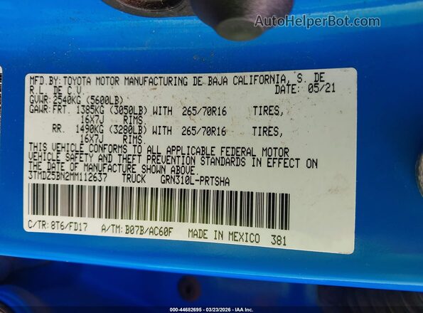 3TMDZ5BN2MM112637 2021 TOYOTA TACOMA Blue Engine compartment view