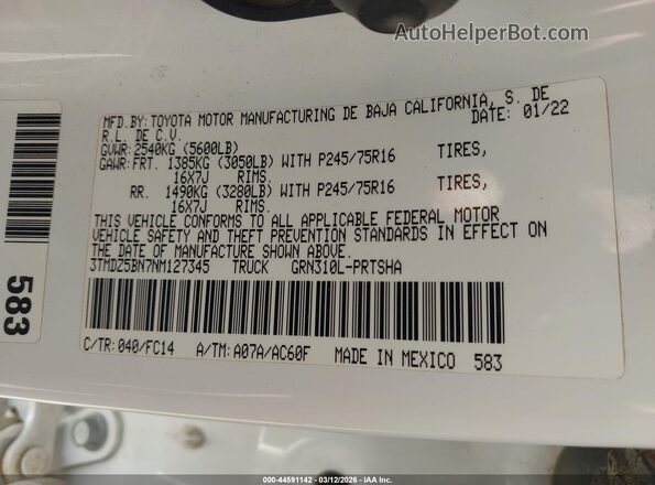 3TMDZ5BN7NM127345 2022 TOYOTA TACOMA White Widok komory silnika