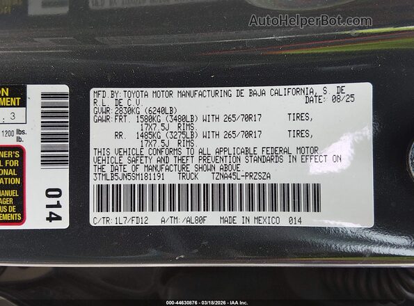 3TMLB5JN5SM181191 2025 TOYOTA TACOMA Черный Вид подкапотного пространства