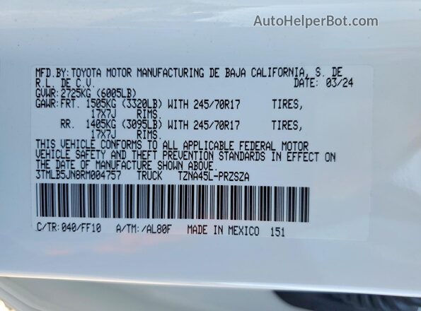 3TMLB5JN8RM004757 2024 TOYOTA TACOMA White Vista del compartimento del motor
