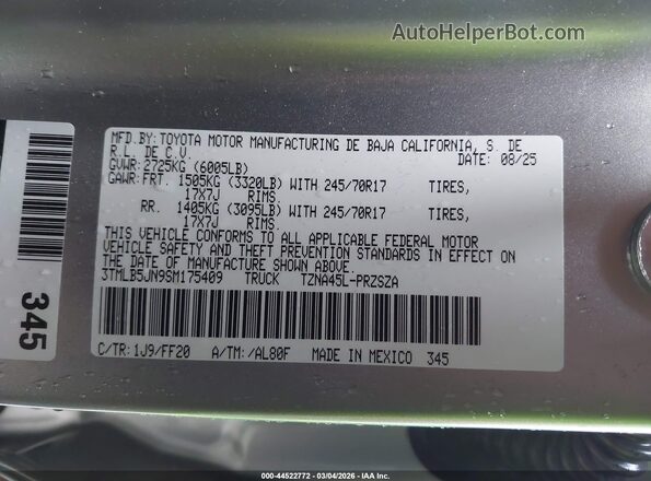 3TMLB5JN9SM175409 2025 TOYOTA TACOMA Silver Vista del compartimento del motor