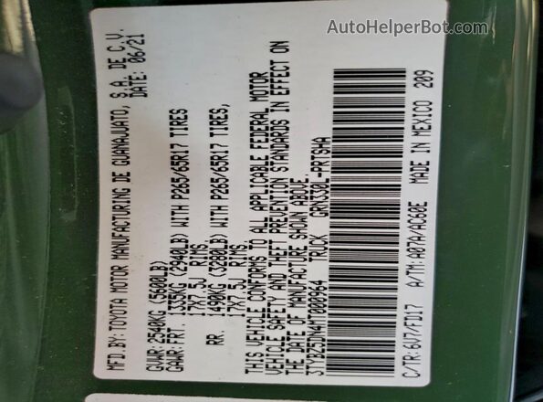 3TYBZ5DN4MT000964 2021 TOYOTA TACOMA Зеленый Вид наклейки с VIN-кодом