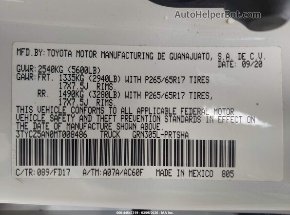 3TYCZ5AN0MT008486 2021 TOYOTA TACOMA White Widok komory silnika