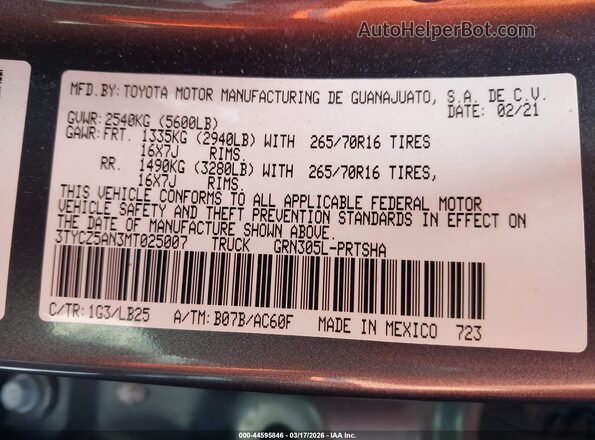 3TYCZ5AN3MT025007 2021 TOYOTA TACOMA Gray 