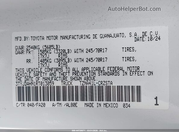 3TYJDAHN1RT013059 2024 TOYOTA TACOMA White Widok komory silnika