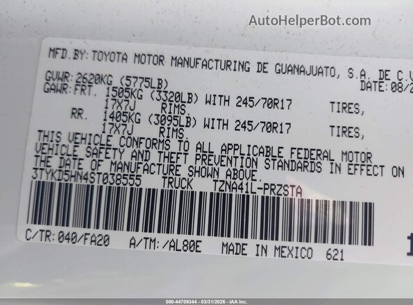 3TYKD5HN4ST038555 2025 TOYOTA TACOMA White Engine compartment view