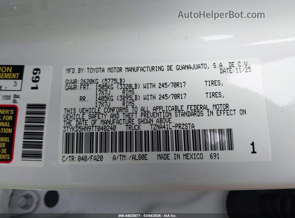 3TYKD5HN9TT040240 2026 TOYOTA TACOMA White ძრავის განყოფილების ხედი