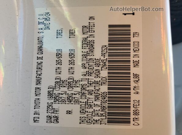 3TYLB5JN8RT024026 2024 TOYOTA TACOMA White VIN sticker view